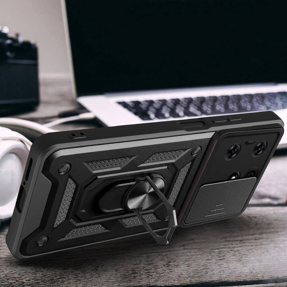 Tecno Spark 10 Pro Kılıf Magnetik Standlı Kamera Korumalı Zore Sürgülü Vega Kapak Mavi