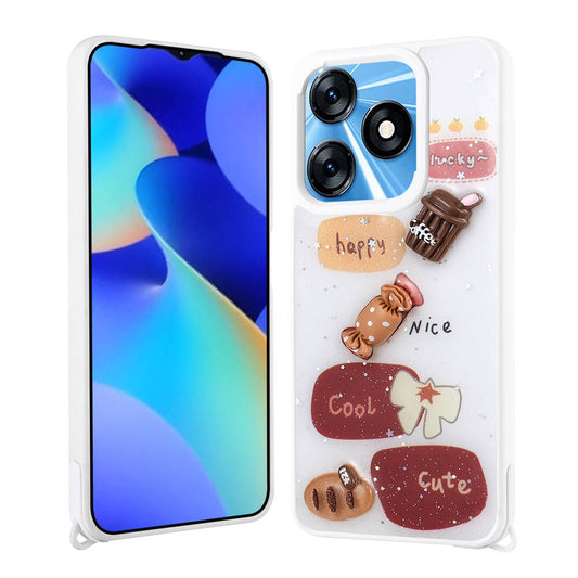 Tecno Spark 10C Kılıf Parlayan Simli Kabartma Figürlü Zore Cevze Kapak Beyaz