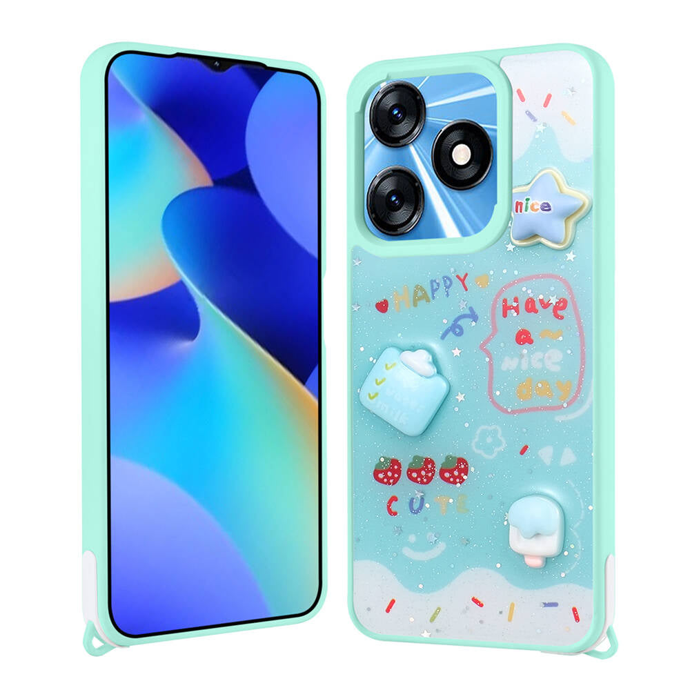 Tecno Spark 10C Kılıf Parlayan Simli Kabartma Figürlü Zore Cevze Kapak Yeşil
