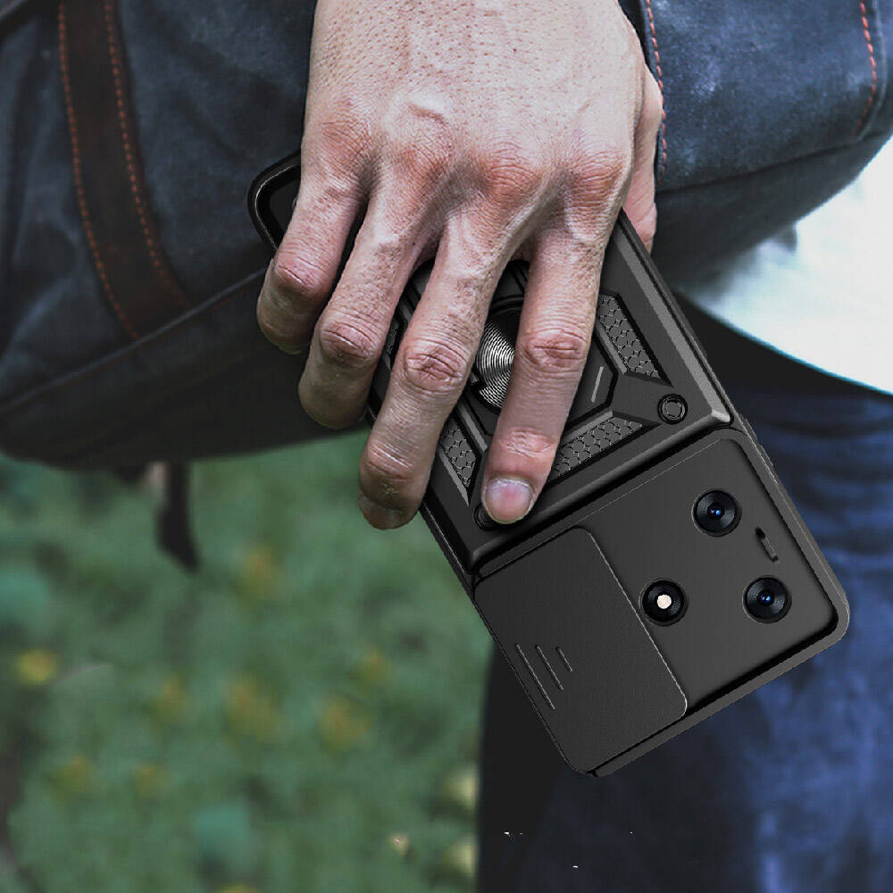 Tecno Spark 10C Kılıf Magnetik Standlı Kamera Korumalı Zore Sürgülü Vega Kapak Siyah