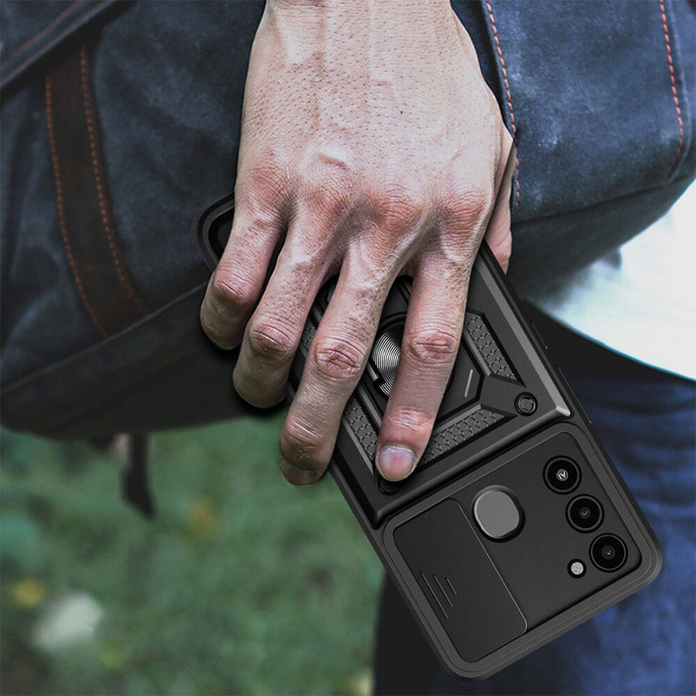 Tecno Spark 8C Kılıf Magnetik Standlı Kamera Korumalı Zore Sürgülü Vega Kapak Siyah