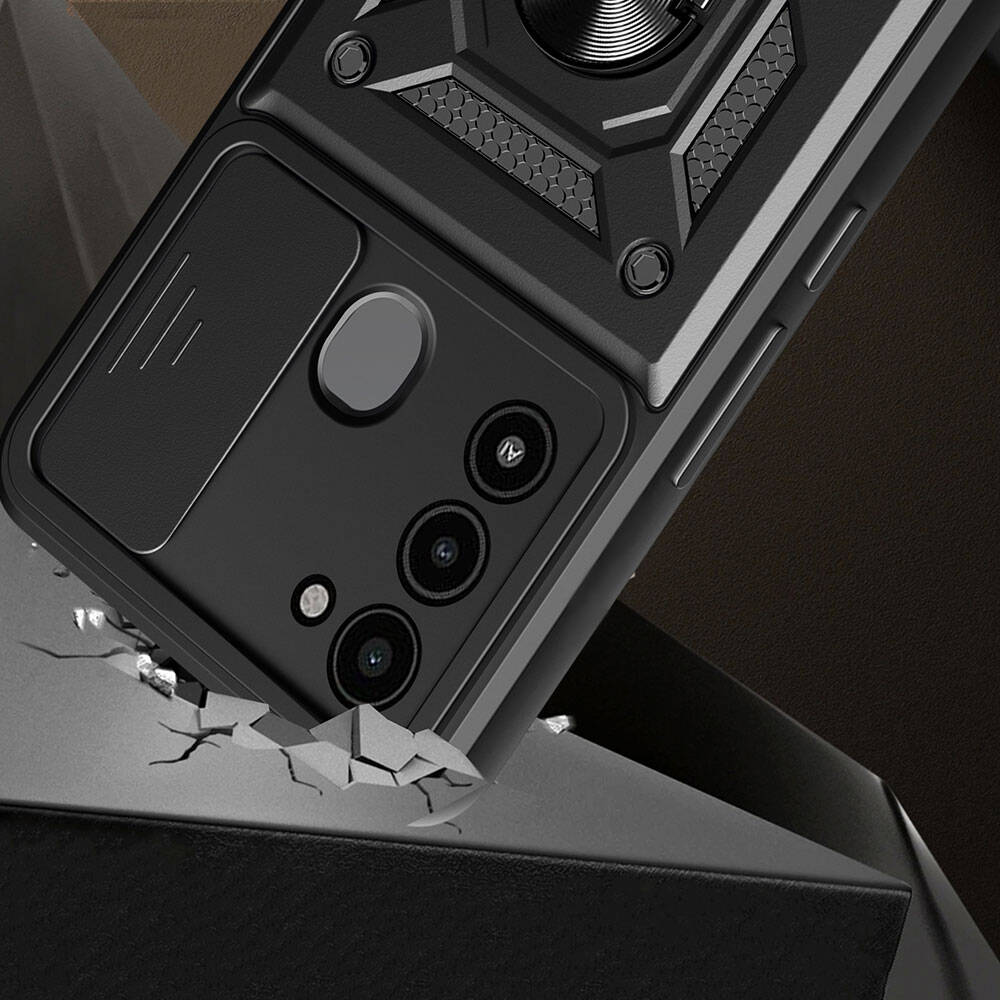 Tecno Spark 8C Kılıf Magnetik Standlı Kamera Korumalı Zore Sürgülü Vega Kapak Mavi