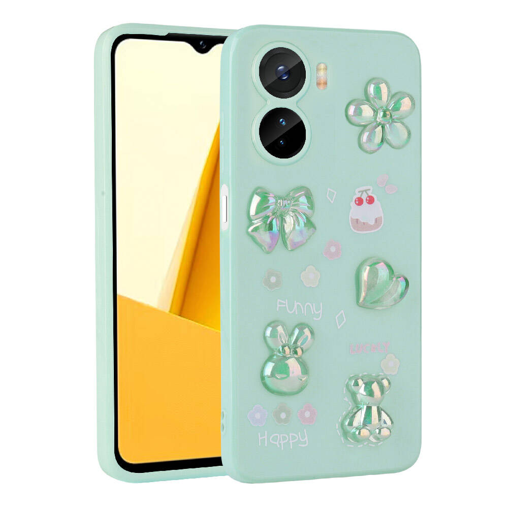 Vivo Y16 Kılıf Kabartma Figürlü Parlak Zore Toys Silikon Kapak Açık Yeşil