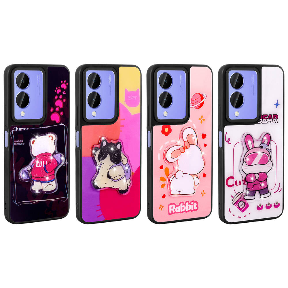 Vivo Y17S Kılıf Parlayan Kabartmalı İkonik Figürlü Zore Amas Silikon Kapak Pembe