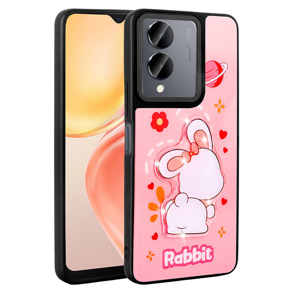 Vivo Y36 5G Kılıf Parlayan Kabartmalı İkonik Figürlü Zore Amas Silikon Kapak Pembe