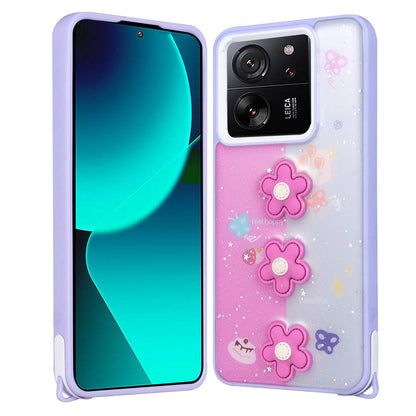 Xiaomi Mi 13T Kılıf Parlayan Simli Kabartma Figürlü Zore Cevze Kapak Mor Papatya