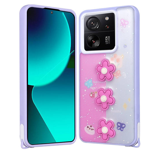 Xiaomi Mi 13T Kılıf Parlayan Simli Kabartma Figürlü Zore Cevze Kapak Mor Papatya