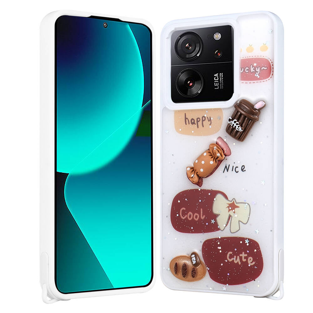 Xiaomi Mi 13T Kılıf Parlayan Simli Kabartma Figürlü Zore Cevze Kapak Pembe