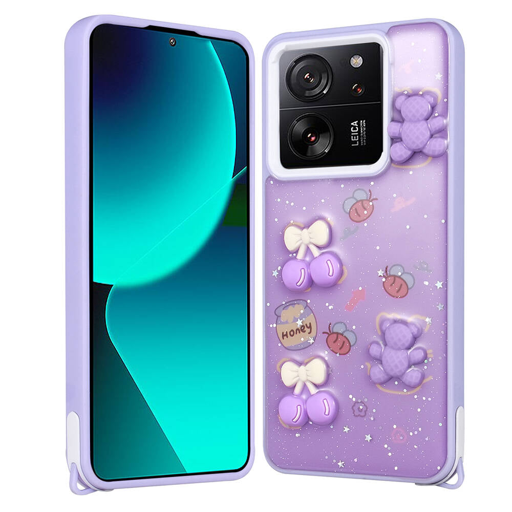 Xiaomi Mi 13T Pro Kılıf Parlayan Simli Kabartma Figürlü Zore Cevze Kapak Mor Ayı