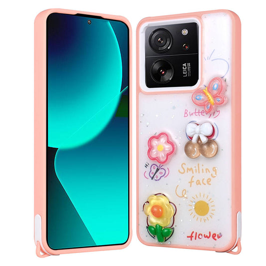 Xiaomi Mi 13T Pro Kılıf Parlayan Simli Kabartma Figürlü Zore Cevze Kapak Pembe