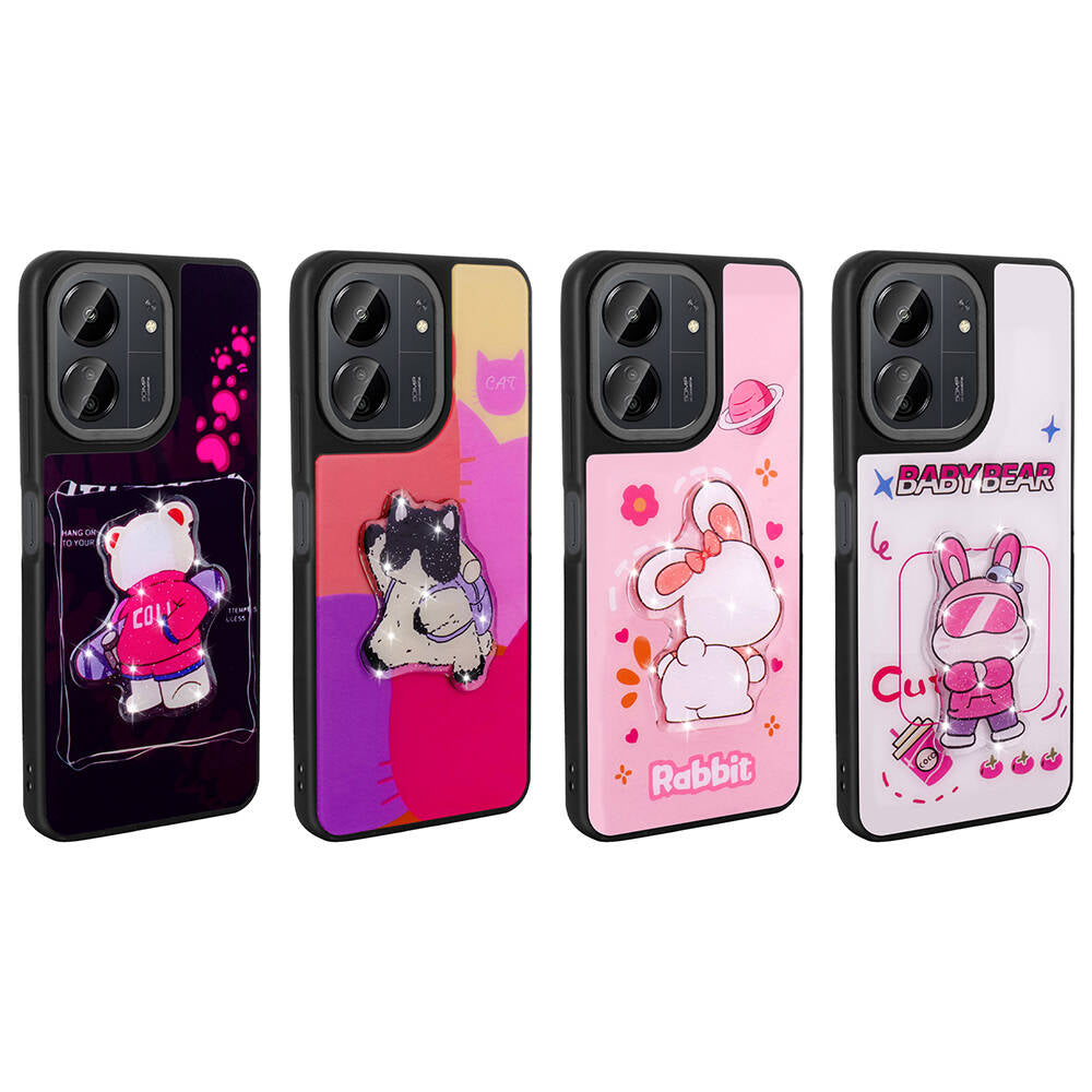 Xiaomi Poco C65 Kılıf Parlayan Kabartmalı İkonik Figürlü Zore Amas Silikon Kapak Mor