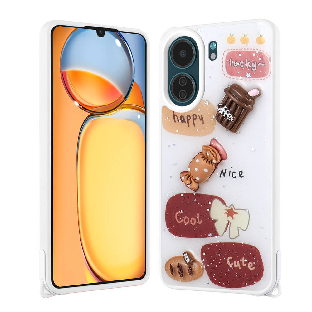 Xiaomi Poco C65 Kılıf Parlayan Simli Kabartma Figürlü Zore Cevze Kapak Beyaz
