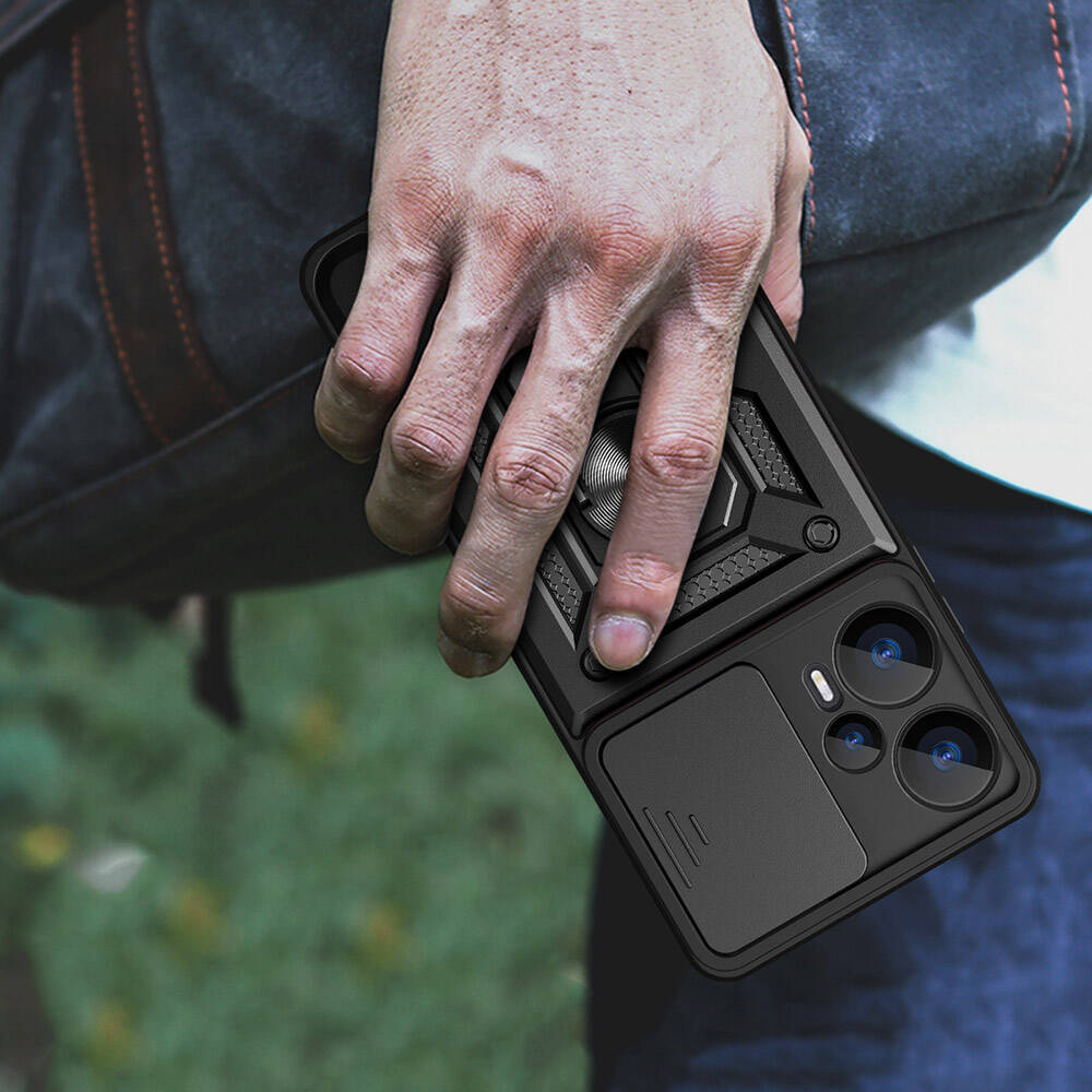 Xiaomi Poco F5 Kılıf Magnetik Standlı Kamera Korumalı Zore Sürgülü Vega Kapak Mavi