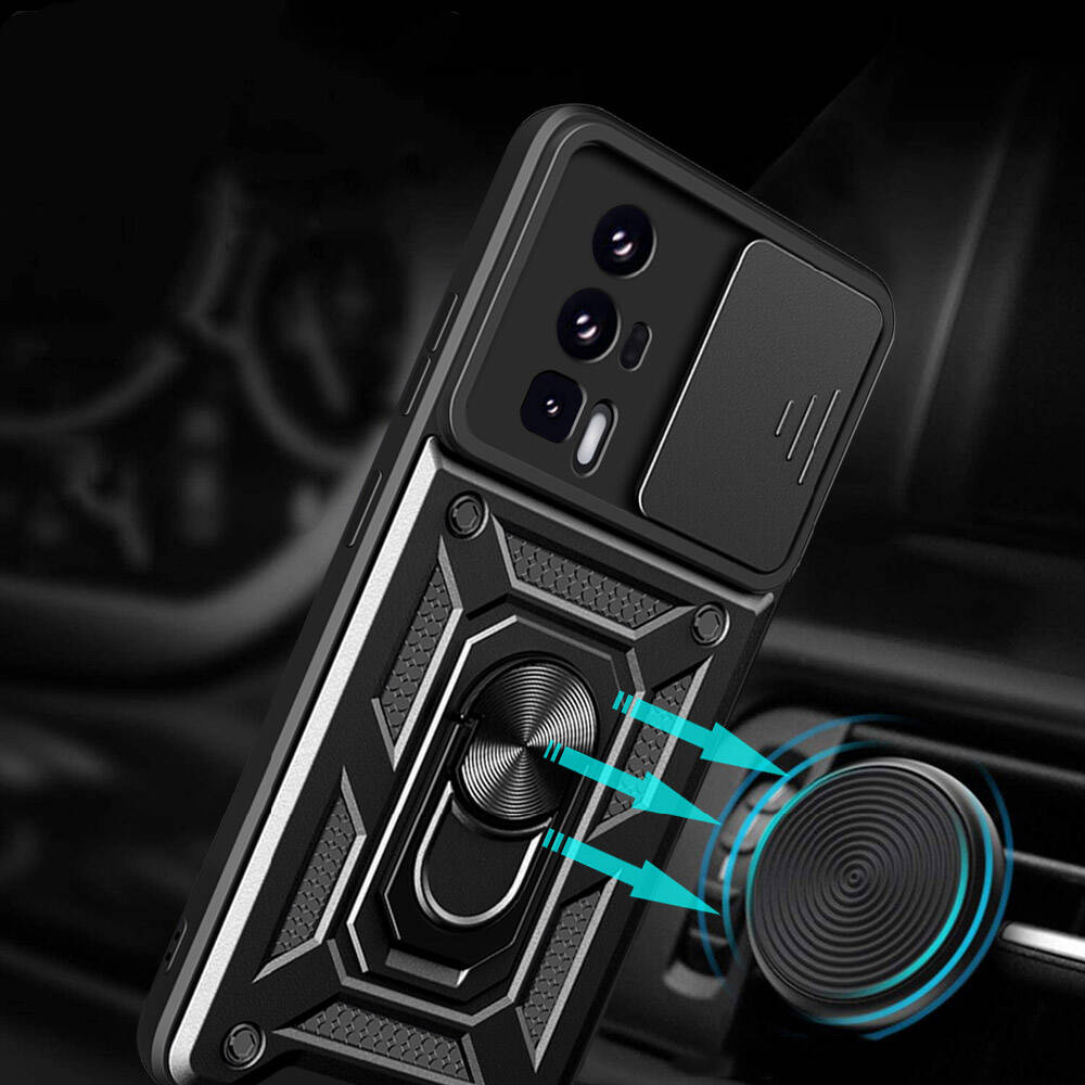 Xiaomi Poco F5 Pro Kılıf Magnetik Standlı Kamera Korumalı Zore Sürgülü Vega Kapak Siyah