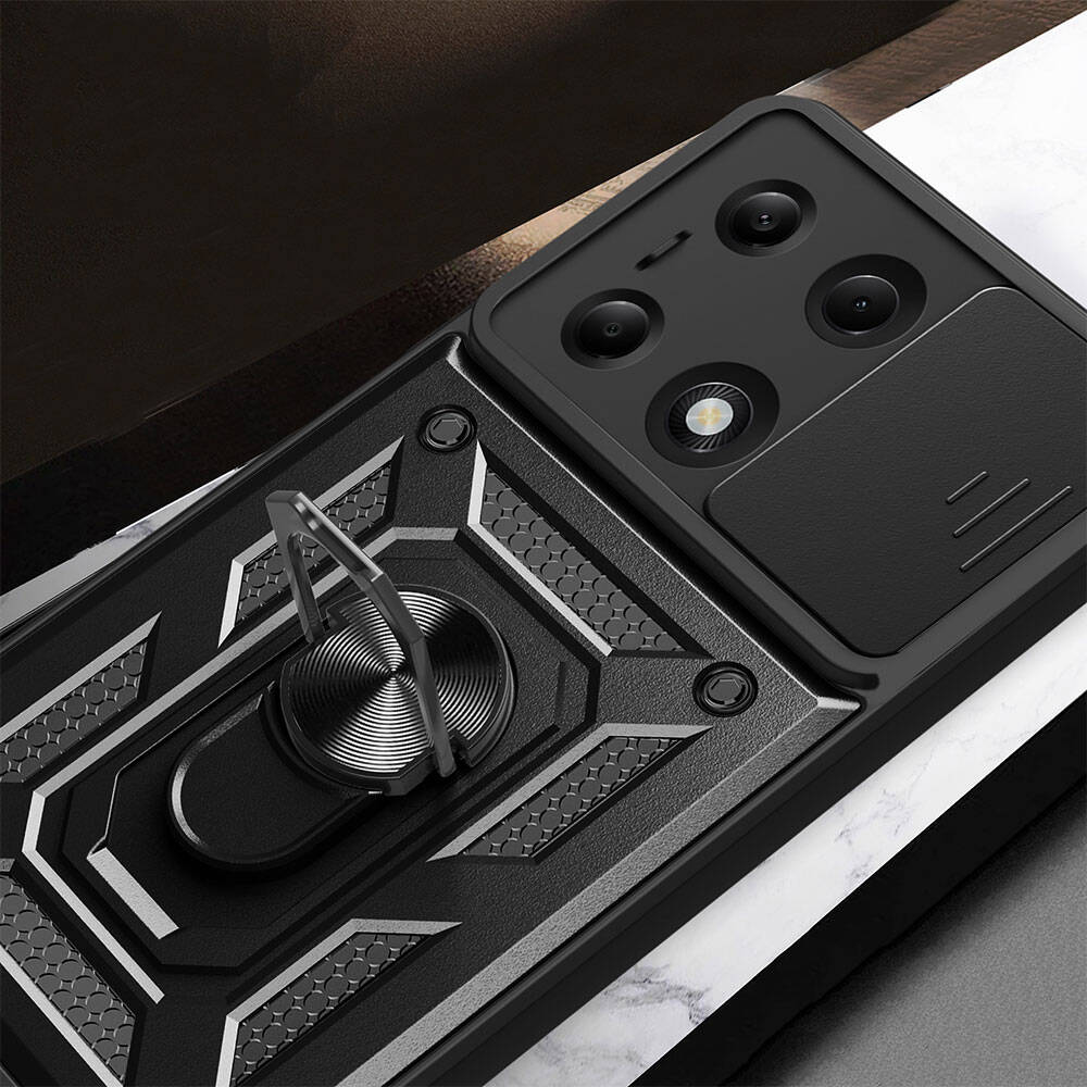 Xiaomi Poco M6 Pro 4G Kılıf Magnetik Standlı Kamera Korumalı Zore Sürgülü Vega Kapak Mavi