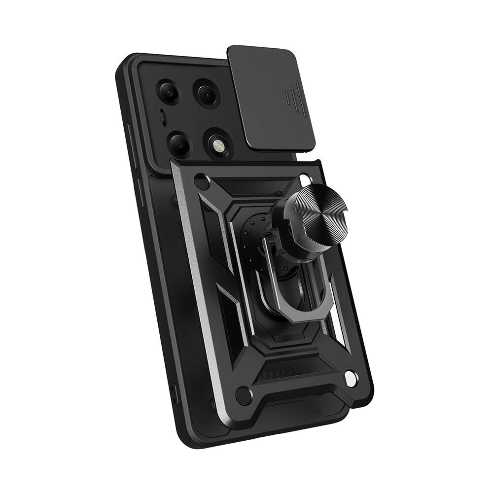 Xiaomi Poco M6 Pro 4G Kılıf Magnetik Standlı Kamera Korumalı Zore Sürgülü Vega Kapak Mavi