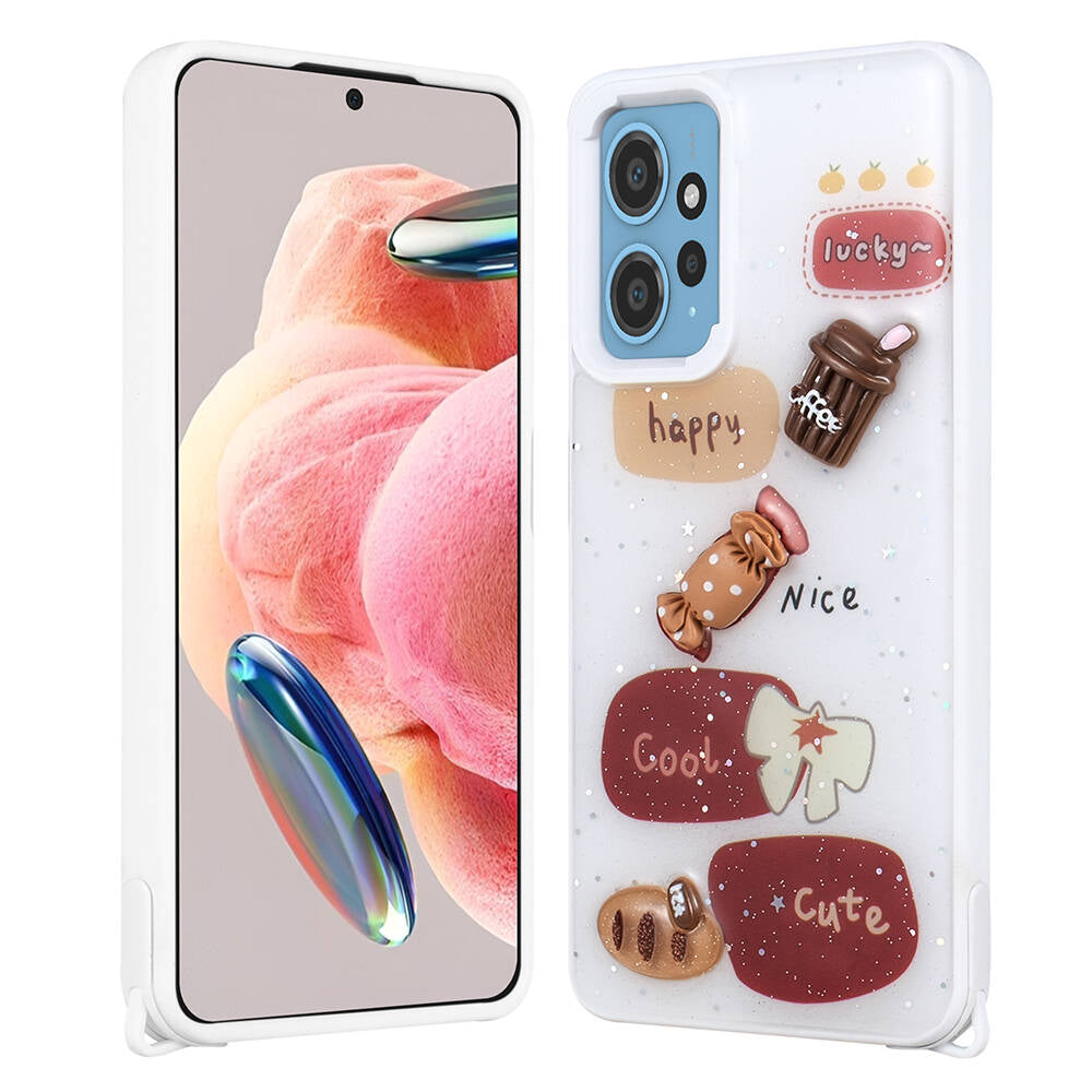 Xiaomi Redmi 12 4G Kılıf Parlayan Simli Kabartma Figürlü Zore Cevze Kapak Beyaz