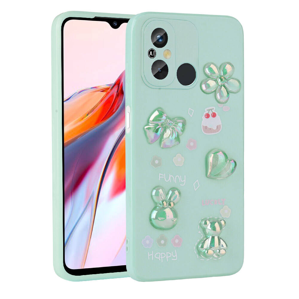 Xiaomi Redmi 12C Kılıf Kabartma Figürlü Parlak Zore Toys Silikon Kapak Açık Yeşil