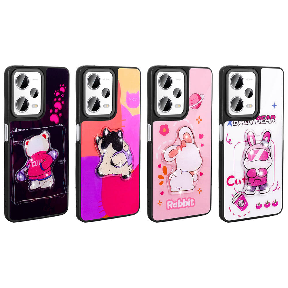 Xiaomi Redmi Note 12 Pro Plus 5G Kılıf Parlayan Kabartmalı İkonik Figürlü Zore Amas Silikon Kapak Pembe