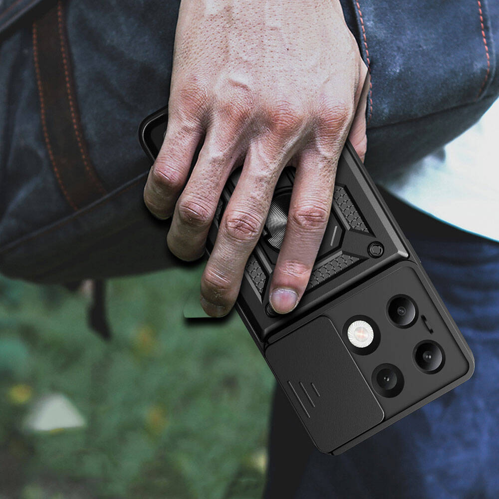 Xiaomi Redmi Note 13 4G Kılıf Magnetik Standlı Kamera Korumalı Zore Sürgülü Vega Kapak Siyah