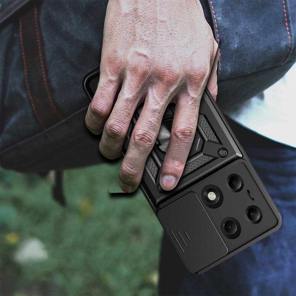 Xiaomi Redmi Note 13 Pro 4G Kılıf Magnetik Standlı Kamera Korumalı Zore Sürgülü Vega Kapak Siyah