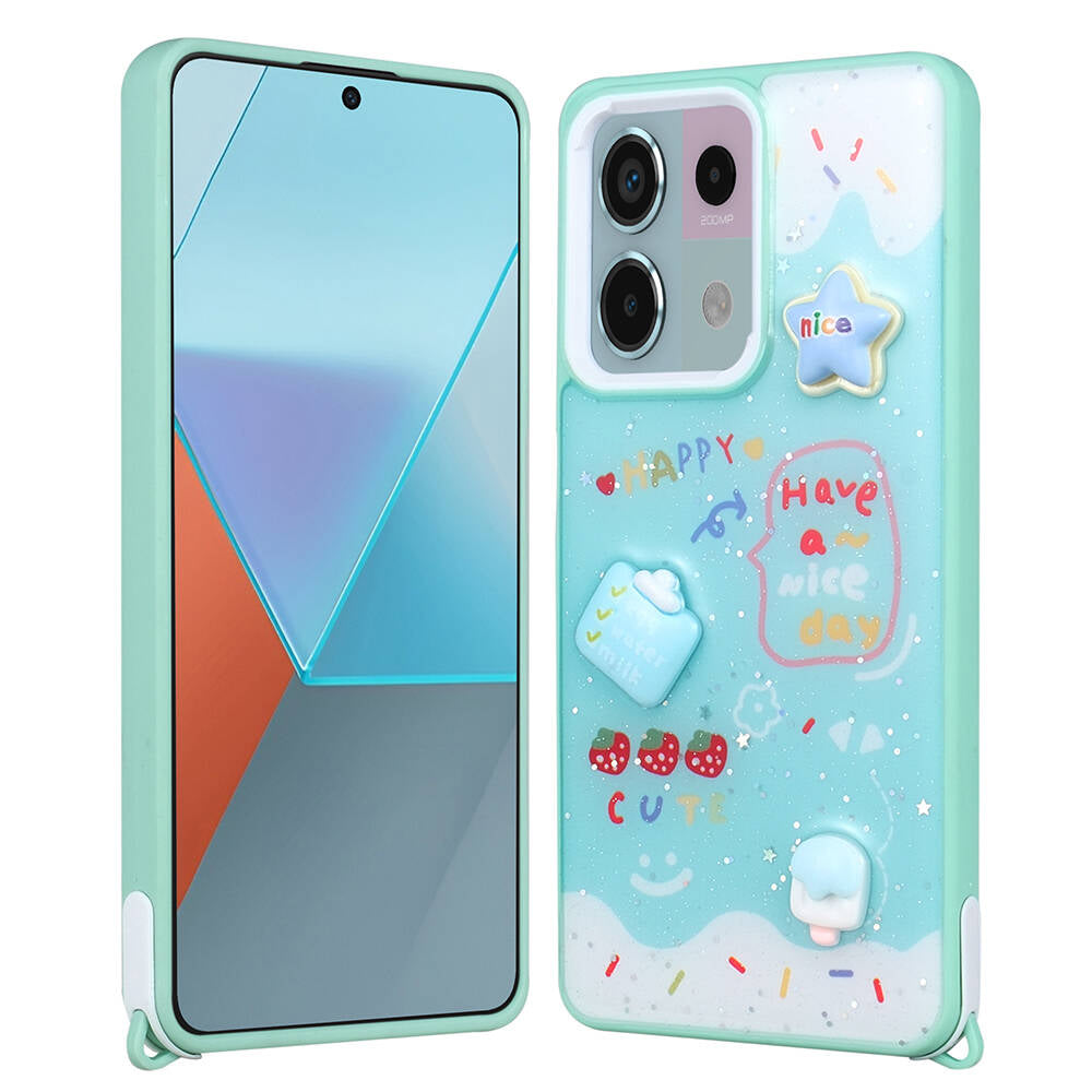 Xiaomi Redmi Note 13 Pro 5G Kılıf Parlayan Simli Kabartma Figürlü Zore Cevze Kapak Yeşil