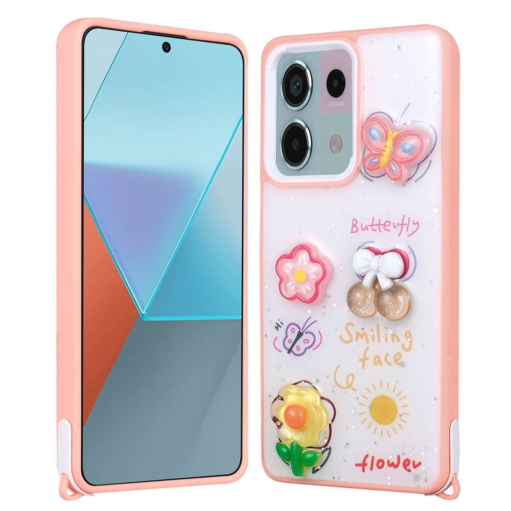Xiaomi Redmi Note 13 Pro 5G Kılıf Parlayan Simli Kabartma Figürlü Zore Cevze Kapak Pembe