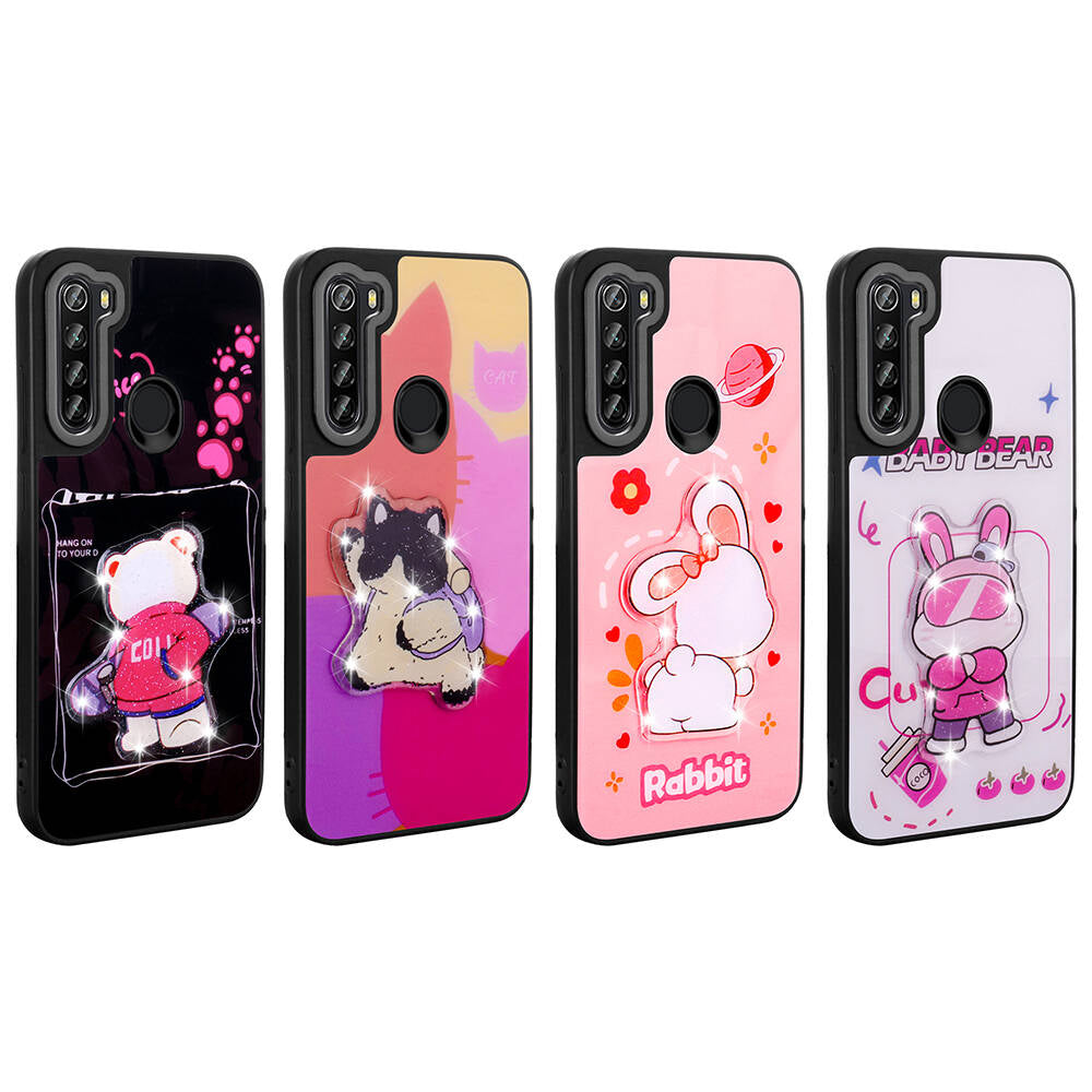 Xiaomi Redmi Note 8 Kılıf Parlayan Kabartmalı İkonik Figürlü Zore Amas Silikon Kapak Pembe