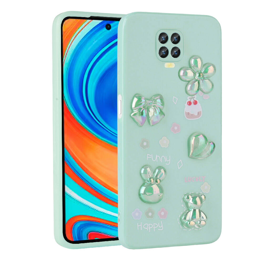 Xiaomi Redmi Note 9 Pro Kılıf Kabartma Figürlü Parlak Zore Toys Silikon Kapak Açık Yeşil