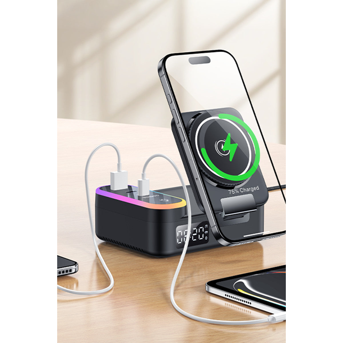 Yesido DS38 8in1 Katlanabilir Dijital Saat Göstergeli 65W Kablosuz Şarj Destekli Masaüstü Kablosuz Şarj Standı