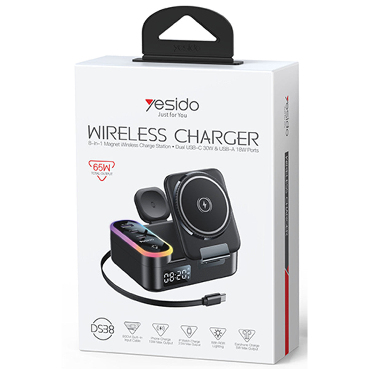 Yesido DS38 8in1 Katlanabilir Dijital Saat Göstergeli 65W Kablosuz Şarj Destekli Masaüstü Kablosuz Şarj Standı