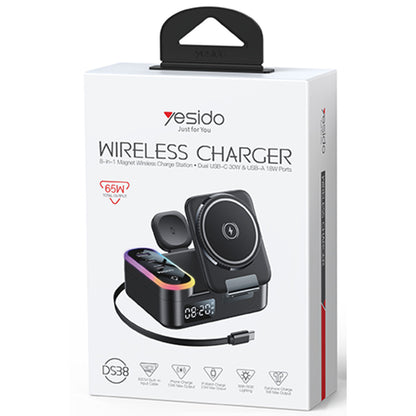 Yesido DS38 8in1 Katlanabilir Dijital Saat Göstergeli 65W Kablosuz Şarj Destekli Masaüstü Kablosuz Şarj Standı