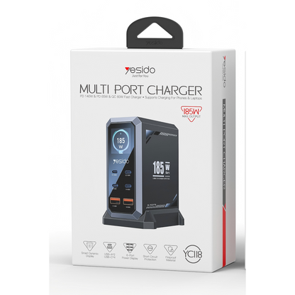 Yesido YC118 EU 185W 6 Portlu Masaüstü GaN Şarj Cihazı - Siyah