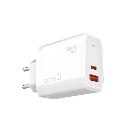 Zore Always-02 GaN Tech Type-C PD4.0 USB-A QC3.0 Hızlı Şarj Özellikli Seyahat Şarj Başlığı 45W Beyaz