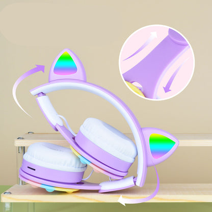 Zore B30 RGB Led Işıklı Kedi Kulağı Band Tasarımı Ayarlanabilir Katlanabilir Kulak Üstü Bluetooth Kulaklık Mor