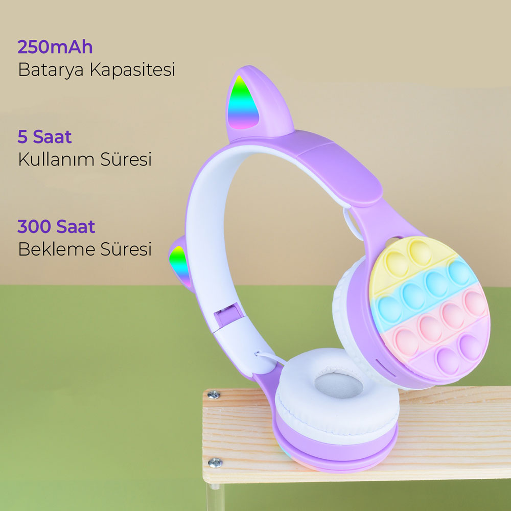 Zore B30 RGB Led Işıklı Kedi Kulağı Band Tasarımı Ayarlanabilir Katlanabilir Kulak Üstü Bluetooth Kulaklık Mor