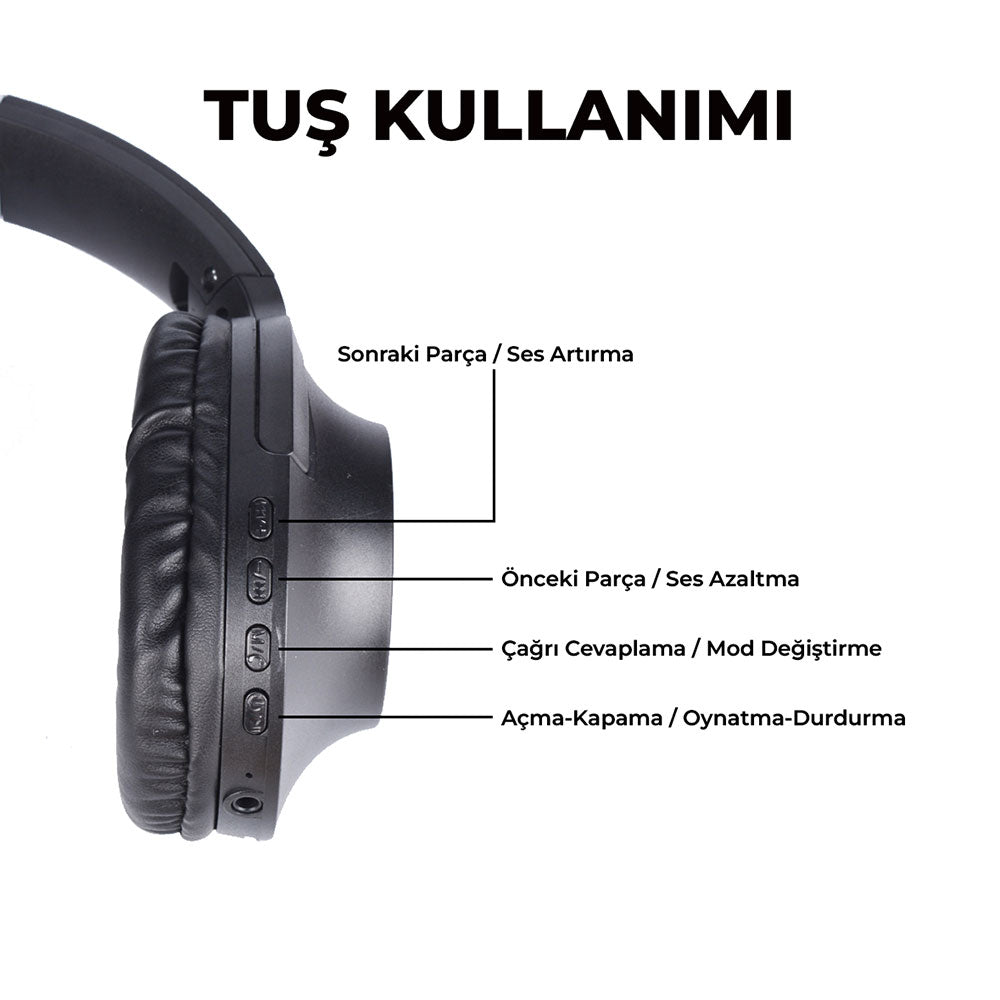 Zore BT850 Ayarlanabilir ve Katlanabilir 90 Derece Dönebilen Kulak Üstü Bluetooth Kulaklık Gri