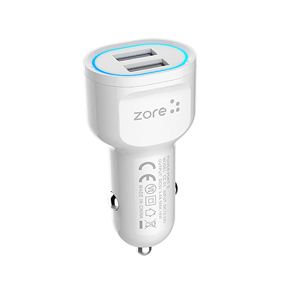 Zore CC-01 Hızlı Şarj Özellikli LED Işıklı Dual USB Araç Şarj Başlığı 18W Beyaz
