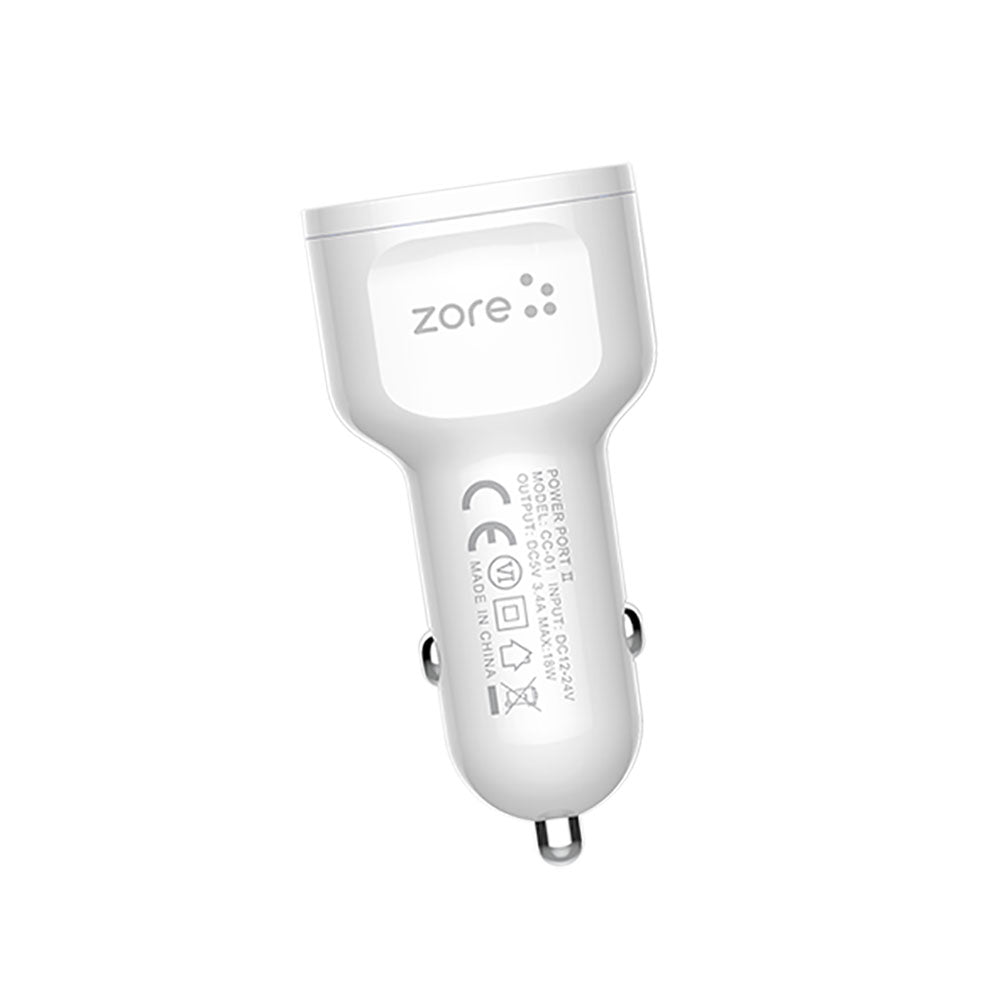 Zore CC-01 Hızlı Şarj Özellikli LED Işıklı Dual USB Araç Şarj Başlığı 18W Beyaz