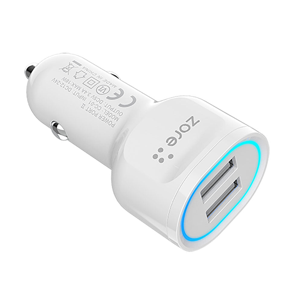 Zore CC-01 Hızlı Şarj Özellikli LED Işıklı Dual USB Araç Şarj Başlığı 18W Beyaz