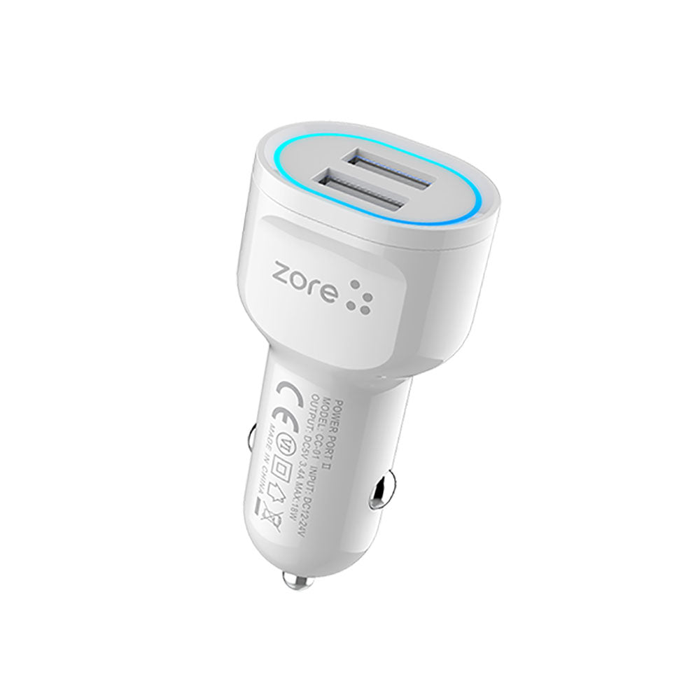 Zore CC-01 Hızlı Şarj Özellikli LED Işıklı Dual USB Araç Şarj Başlığı 18W Beyaz