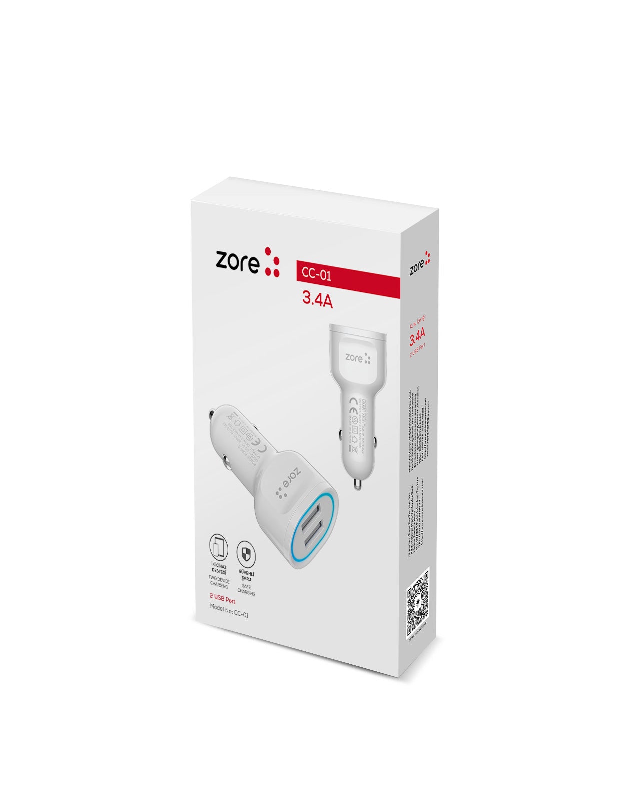 Zore CC-01 Hızlı Şarj Özellikli LED Işıklı Dual USB Araç Şarj Başlığı 18W Beyaz
