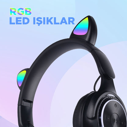 Zore M6 Pro Cat RGB Led Işıklı Kedi Kulağı Band Tasarımlı Ayarlanabilir ve Katlanabilir Kulak Üstü Bluetooth Kulaklık Mavi